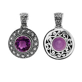 Artisan sterling silver pendant with round faceted Amethyst Quartz and ornate Bali-style filigree design.